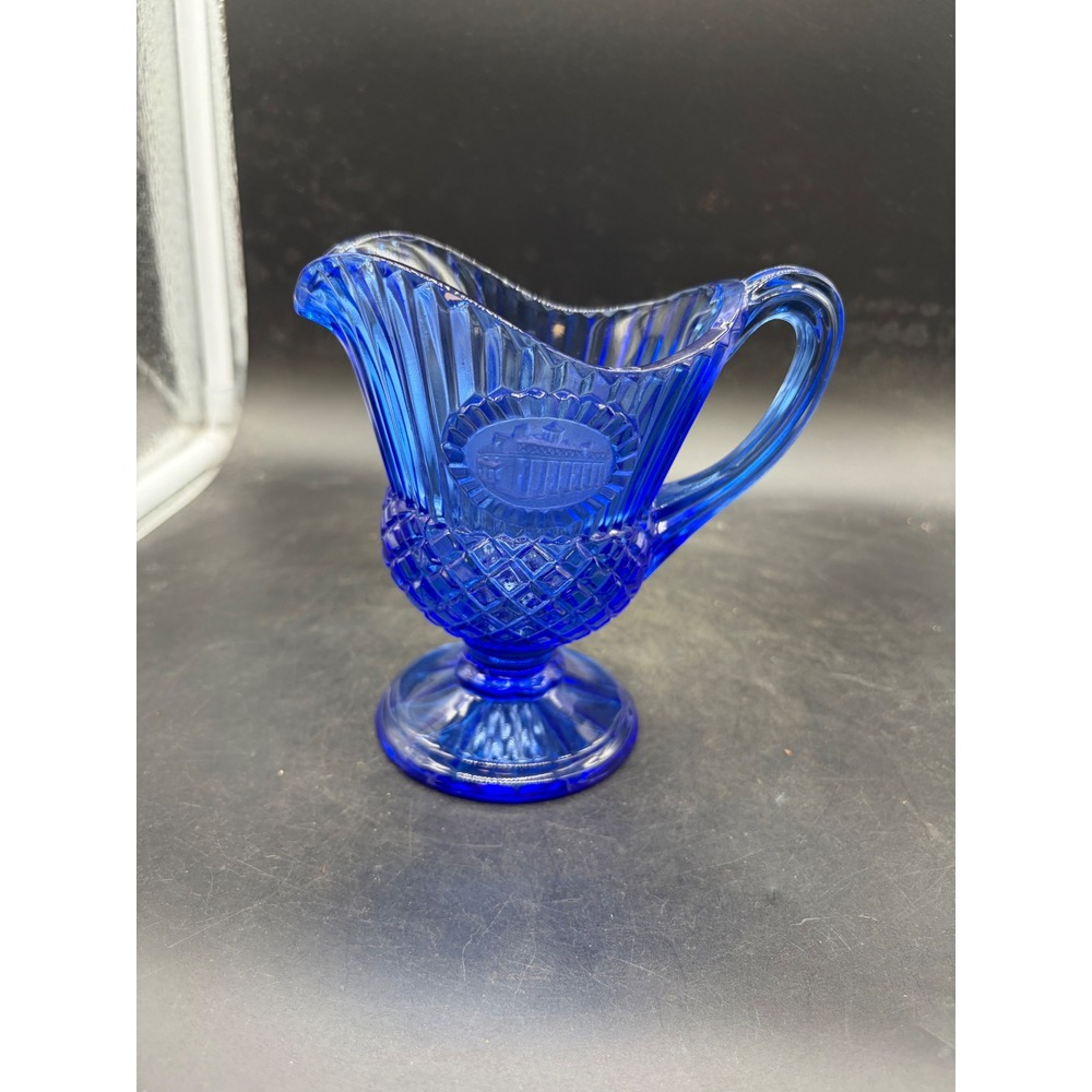 Avon Cobalt Blue Glass Creamer Vintage Footed Pitcher Independence Medallion